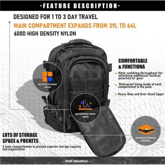 Tactical Military Backpack Molle 3 Day Pack Hiking Camping Travel Black - Picture 5 of 7